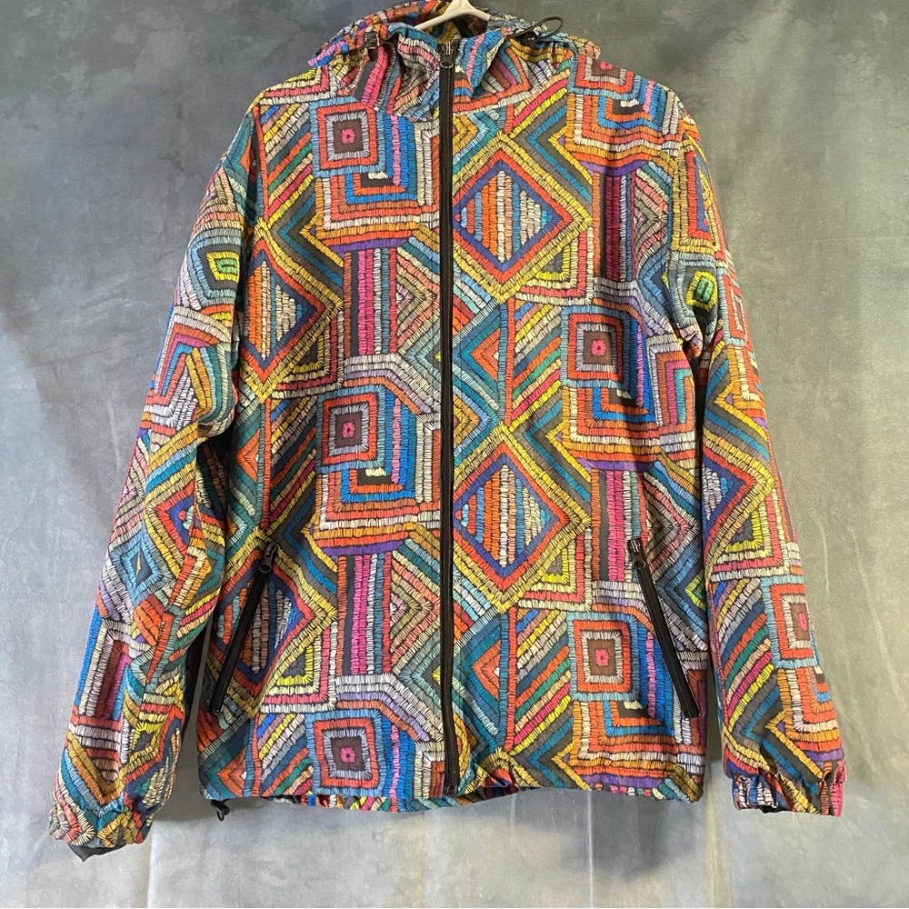 Abstract Rainbow Pattern Lined Windbreaker Hooded Jacket Streetwear Size L
